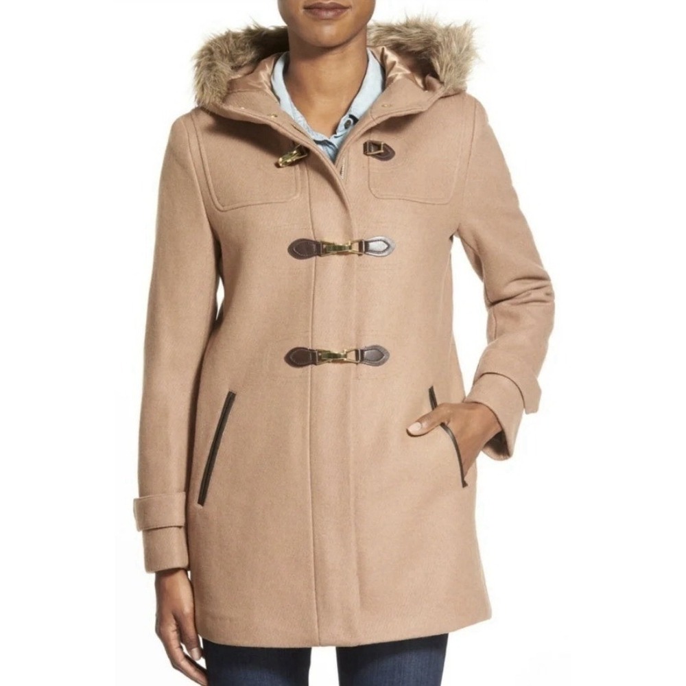Cole Haan Signature Lined Toggle Pea Coat Women's 14 Brown Wool Blend Hood